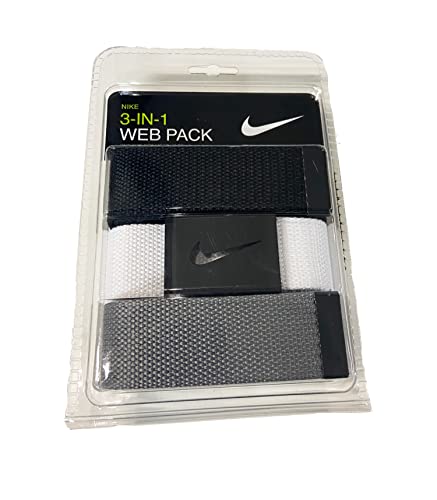Nike Men's 3 Pack Web Belt, Matte Black Hardware, Black/White/Grey, One Size