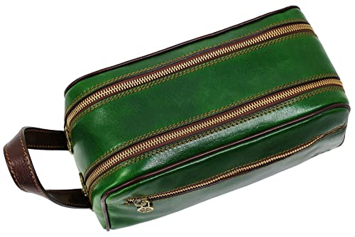 Time Resistance Leather Cosmetic Bag Toiletry Italian Classy Dopp Kit (Green)