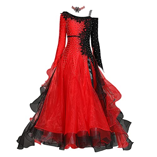 kzytamz Modern Ballroom Dance Dress Women's Professional Ballroom Dance Performance Dresses Waltz Modern Dance Wear (XXL,Red)