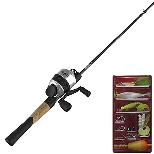 Zebco 33 Spincast Reel and Fishing Rod Combo, 5-Foot 6-Inch 2-Piece Fiberglass Rod, QuickSet Anti-Reverse Fishing Reel with Bite Alert, Includes 29-Piece Tackle Kit, Silver/Black