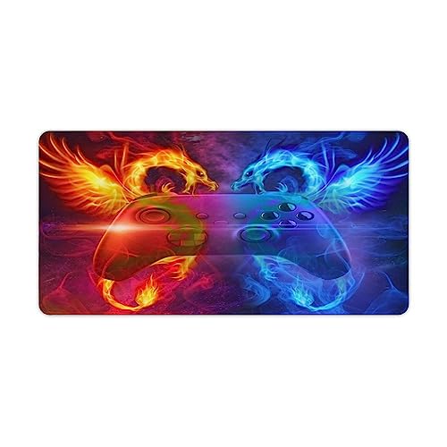 Boys Room Gamepad Waterproof Gaming Mouse Pad Fantasy Galaxy Wildlife Fire Ice Dragon Design for Working and Gaming 24L x 12W Inch