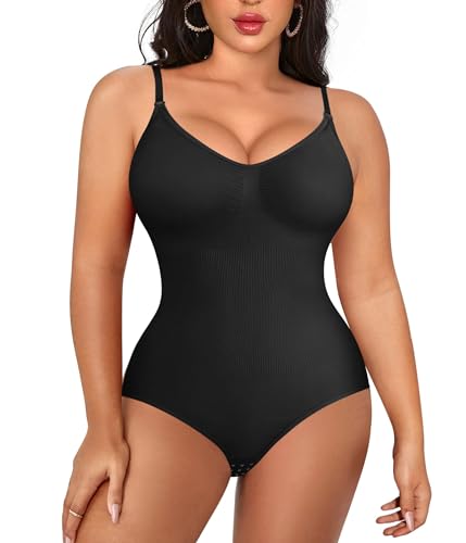 Irisnaya Women Slimming Bodysuits Shapewear Tops Tummy Control Body Shaper Spaghetti Strap Camisole Leotards Bodycon Jumpsuit (Medium/Large, Black)
