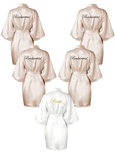 5 Pcs Kimono Robe for Bridesmaid Bride Women Wedding Party Getting Ready Short Embroidered Bridal Robes (Large, White, Champagne)