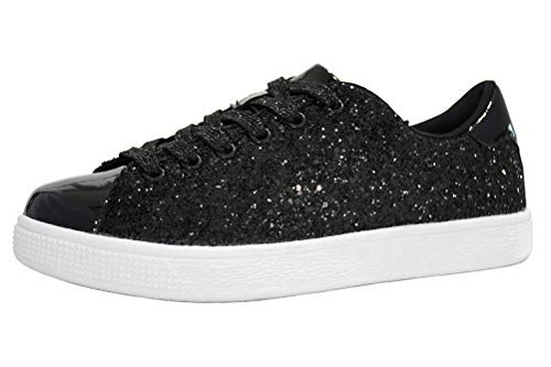 LUCKY STEP Glitter Sneakers Lace up | Fashion Sneakers | Sparkly Shoes for Women (8 B(M) US,Black)