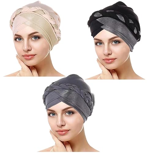 Lucky staryuan  3Pack Chemo Cancer Headwear for Women Soft Pre-Tied Twisted Braid Hair Cover Turban Headwear(Beige Black Grey)