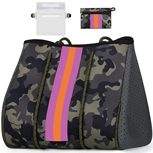 IBFUN Neoprene Bag, Large Multipurpose Beach Bag Upgraded Neoprene Tote Bag with Inner Zipper Pocket for Women/Beach/Pool(Camo Green)