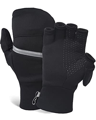 TrailHeads Convertible Running Mittens for Women – Cold-Weather, Fingerless Thermal Gloves with Mitten Flap & Reflective Accents – Running, Hiking, & Biking Gloves for Women, Black (Medium/Large)