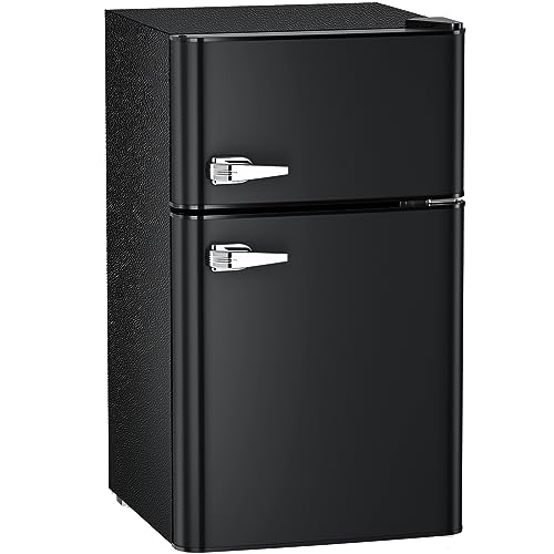 Antarctic Star Compact Mini Refrigerator Separate Freezer, Small Fridge Double 2-Door Adjustable Removable Retro Stainless Steel Shelves Garage Camper Basement/Dorm/Office 3.2 cu ft.Black