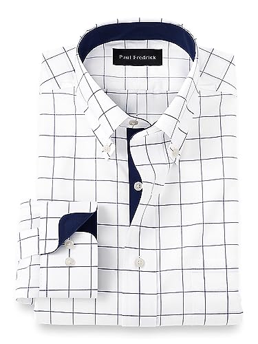 Paul Fredrick Men's Classic Fit Non-Iron Cotton Windowpane Dress Shirt Navy 20.0/35 DMT870B