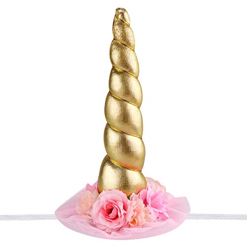 Unicorn Horn Meatallic Gold Shiny Elastic Headband with Floral for Pony Photo Booth Props Cosplay Costume Decor
