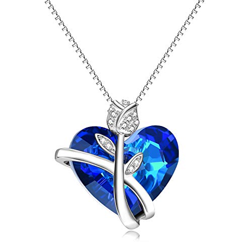 AOBOCO Sapphire Rose Necklaces for Women Wife Girlfriend Sterling Silver Austrian Blue Heart Crystals Jewelry Anniversary Birthday Gift for Her Fiance Daughter Lover Sister Friend (Rose Heart Blue)