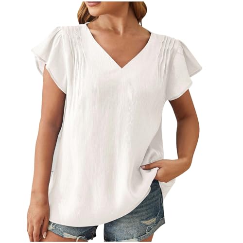 LMSXCT Women's Summer Ruffle Cap Sleeve Pleated V Neck Shirt Dressy Casual Blouse Ladies Solid Loose Tunic Top Flowy T Shirts White