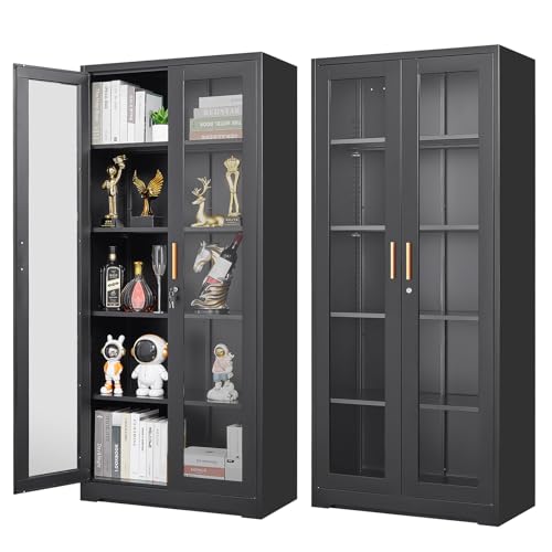 Polup Display Cabinet with Glass Doors, Black Curio Cabinet with Lock, 71“ Tall Display Case for Living Room, Bookcase for Home, Clinic, School (Black)- Assemble Required