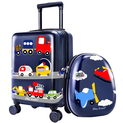 iPlay, iLearn Kids Carry On Luggage Set, 18' Hardside Rolling Suitcase W/Spinner Wheels, Hard Shell Travel Luggage W/Backpack for Boys Toddlers Children