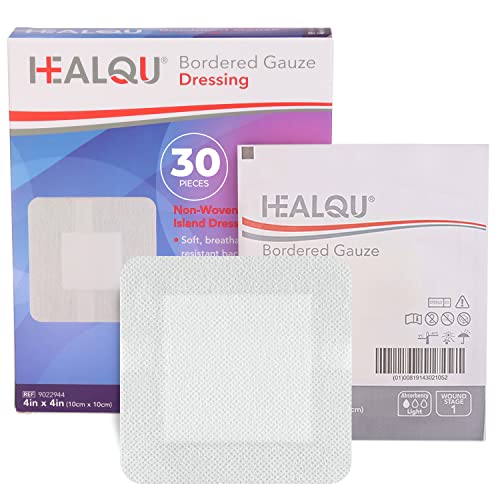 HEALQU Bordered Gauze Island Dressing - 30 Count, 4' x 4' Sterile Individually Wrapped Gauze Pads with Water-Resistant, Non-Woven Backing - Soft and Breathable Wound Dressing for First Aid and Medical