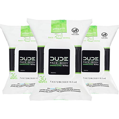 DUDE Wipes - Face and Body Wipes - 3 Pack, 90 Wipes - Infused with Energizing Pro Vitamin B5 - 2-in-1 Face & Body Wipes - Alcohol Free and Hypoallergenic Cleansing Wipes