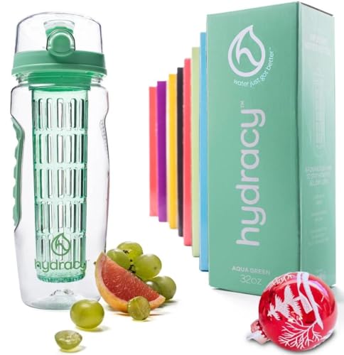 Hydracy Fruit Infuser Water Bottle - 32 oz Sports Bottle - Time Marker & Full Length Infusion Rod + 27 Fruit Infused Water Recipes eBook Gift - Aqua Green