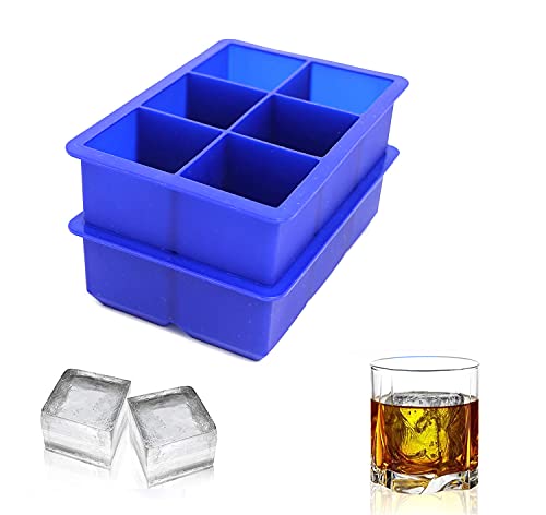 Makya Ice Cube Trays Large Size Flexible 6 Cavity Ice Cube Square Molds for Whiskey and Cocktails, Keep Drinks Chilled (2 Pcs Blue) 6.5x4.5 inch