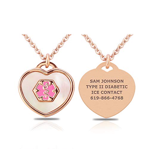 Divoti Mother of Pearl PVD Rose Gold Heart Medical Alert ID Necklace for Women 24 IN-Pink