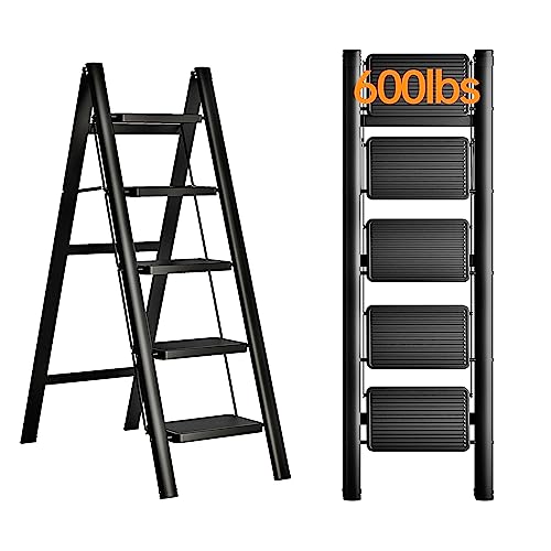JOISCOPE 5 Step Ladder,Lightweight Folding Step Stool with Anti-Slip Pedal,600 lbs Portable Sturdy Steel Ladder for Adults,Multi Purpose Folding Ladder for Home Kitchen Office,Space Saving, Black