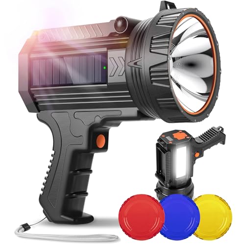 YIERBLUE Rechargeable Spotlight Flashlight with Solar Panels, 1000,000 High Lumen Outdoor Handheld Spot Lights and Flood Light, Foldable Stand and 3 Colors Lenses for Boating Hunting and Camping