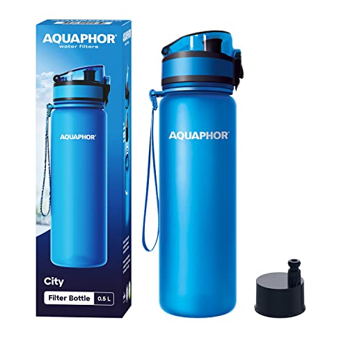 AQUAPHOR City Bottle 500ml Blue | Travel Water Bottle with Activated Carbon Filter | Filters Chlorine & Impurities | Made of Tritan & BPA-Free | Stay Hydrated On The Go!