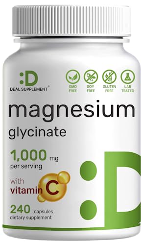 Magnesium Glycinate 500mg Per Capsule (1000mg Per Serving) Plus Vitamin C, 240 Capsules – 100% Chelated for Absorption – Essential Mineral Supplement for Muscle, Mood, Sleep, & Heart Health