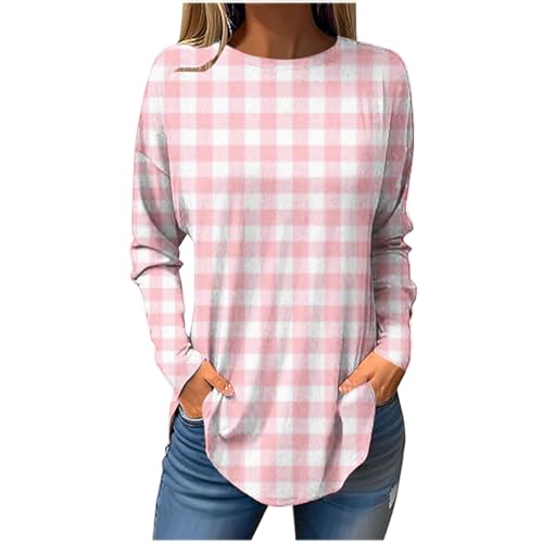 Black of Friday Deals 2023 My Orders Fashion Plaid Shirts for Women Color Block Striped Tops Casual Long Sleeve Crewneck Tunic Blouse Sprint Loose Workout Tops Today Deals Prime Coupons Deals