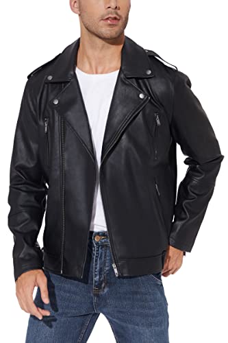 Fahsyee Leather Jackets for Men, Faux Bomber Jacket Men Motorcycle Lapel Asymmetric Zip-Up Blet Slim Fit Biker Coat Black S