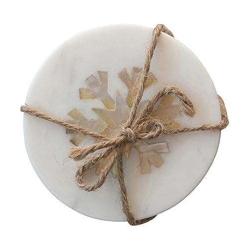 Creative Co-Op 4' Round Marble Coasters w/Mother of Pearl Snowflake Inlay, Set of 4 Glasses and Bar Tools, Multi