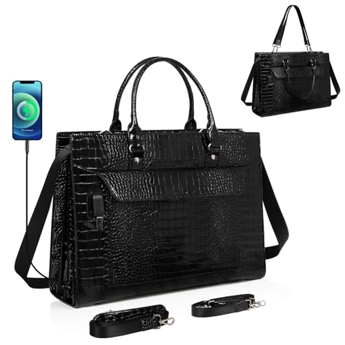 Laptop Bag for Women, 17 Inch Laptop Tote Bag, Fashion Computer Shoulder Bag, Waterproof Leather Teacher Handbag with USB Port, Large Capacity Crossbody Bag Business Office Briefcase Work Bag Black