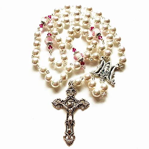 elegantmedical MOTHER OF PEARL CATHOLIC ROSARY & PINK ROSE Coloured glaze BEADS ITALY CROSS CRUCIFIX Gift box