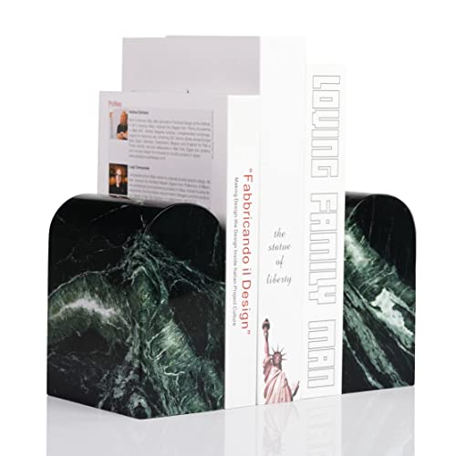 Koville Luxury Italian Marble Bookends for Shelves, 13LBS Non-Skid Book Ends, Ultra Heavy Duty Marble Book Holders Organizer, Bookshelf Apartment Decor for Movies/CDs/Video Games(Verde Remeggiato)