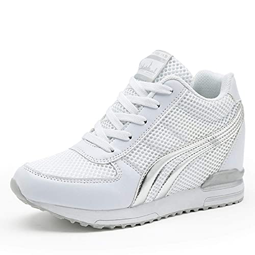 AONEGOLD Womens Hidden Wedges Shoes High Heeled Lightweight Mesh Sneakers Casual Walking Shoes Tennis Chic(8-8.5, White)