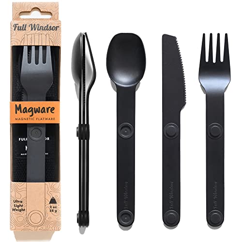 MAGWARE Magnetic Camping Utensil Set - Metal Travel Silverware Set with Case, Portable Silverware and Kids Lunch Box Utensils Set, Outdoor Backpacking Cutlery Set, Reusable Knife, Fork & Spoon (3 PCS)
