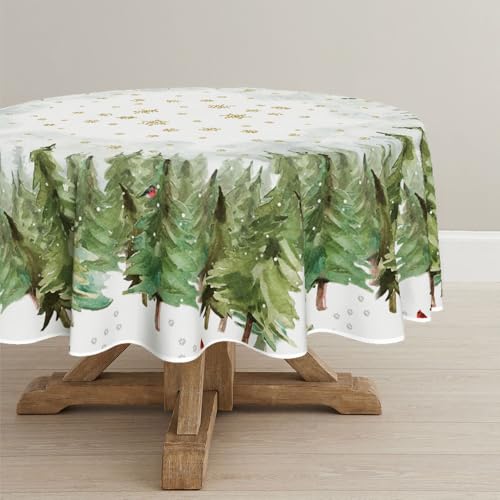 Horaldaily Christmas Tablecloth 70×70 Inch Round, Golden Snow Trees Washable Table Cover for Party Picnic Dinner Decor