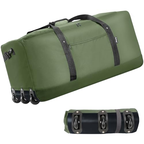 Finnhomy 120L Foldable Rolling Duffel Bag with 3 Wheels, Light Weight Travel Duffel bag with Large Loading Capacity, 32 inch Rolling Duffel bag with Shoulder Strap for Travel Camping Sports, Green