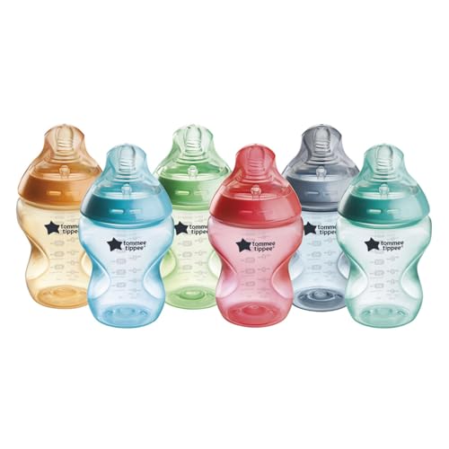 Tommee Tippee Baby Bottles, Natural Start Anti-Colic Baby Bottle, 9oz, 0+ Months, Slow Flow Breast-Like Nipple, Self-Sterilizing, Baby Feeding Essentials, Fiesta, Pack of 6