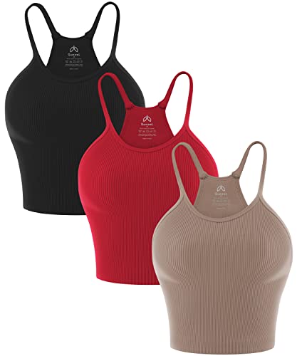 Sunzel Free to Be Tank, Crop Ribbed Tank Tops Seamless Racerback Camisoles No pad Camis Cropped Workout Gym Yoga Red Black Brown(3pcs) M/L
