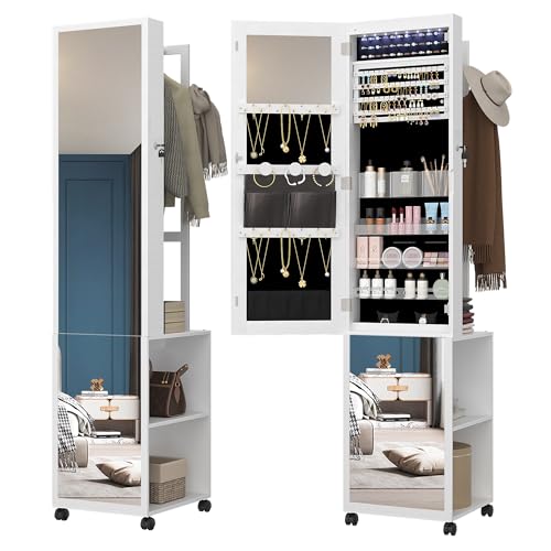 Hzuaneri 8 LEDs Jewelry Cabinet Armoire, 64.8-inch Jewelry Organizer with Garment Rack, Lockable Full-length Mirror with 4 Wheels, Storage Shelves with Hooks, 5-in-1, White and Black JC17003B