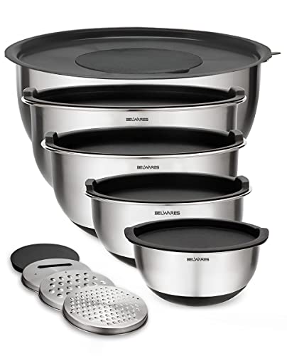 Belwares Mixing Bowls with Lids Set - Nesting Bowls with Airtight Lids + Graters - Stainless Steel Non-Slip Mixing Bowl for Baking, Food Storage and Prepping (Black, 5-Piece Set)