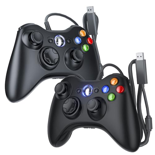2 Pack Replacement for Xbox 360 Controller Wired, Upgraded Joystick Compatible with Xbox 360 & Slim/Windows 11/10/8/7 PC Controller, with Dual-Vibration 2.5mm Headphone Jack Voice Function Black