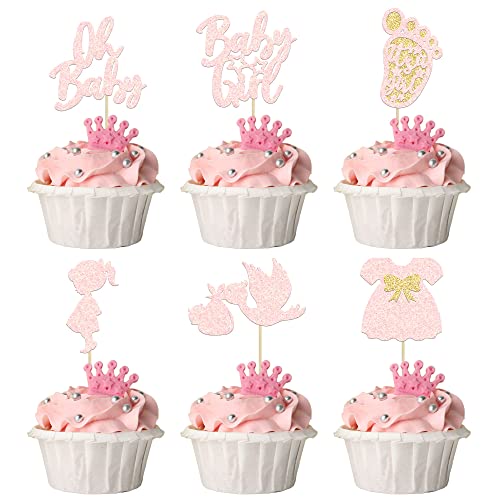 24Pcs Oh Baby Cupcake Toppers Baby Girl Cupcake Toppers with Bow Dress Footprint Swan Light Pink Glitter Babyshower Gender Reveal Cake Picks Decorations for Baby Shower Its a Girl Birthday Party Supplies