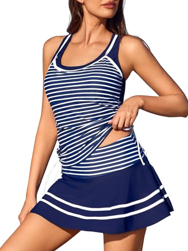 MiYang Tankini Swimsuits for Women Two Piece Tummy Control Bathing Suit with Skirt Striped Vintage Swimdress Navy White Small