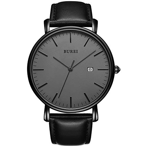 BUREI Men's Fashion Minimalist Wrist Watch Analog Date with Leather Strap (Dark Grey)