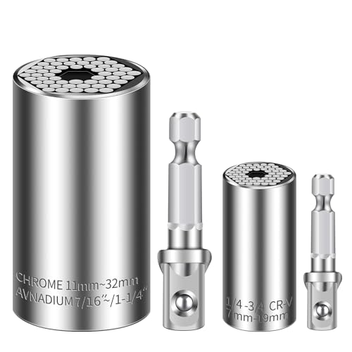 Super Universal Socket (11-32mm 7-19mm) Tool Gifts For Men Wrench Set Professional Sockets Tools Multi-function Wrench Repair Kit with Power Drill & Ratchet Wrench Adapter Chrome Vanadium Steel (4PCS)