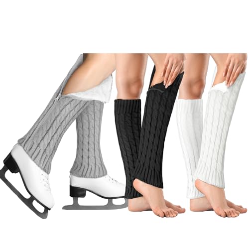 Cutecrop 3 Pair Ice Skating Leg Warmers for Women Girl Figure Skating Leg Warmers with Zipper Knit Fleece Lined Leg Warmer(Classic)