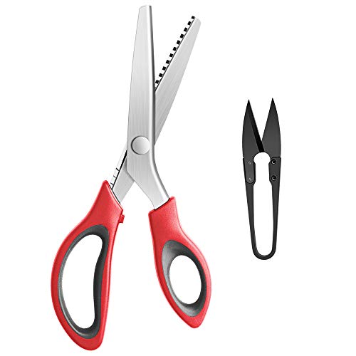 Pinking Shears Serrated,Comfort Grips Handled, Professional Dressmaking Sewing Craft Zig Zag Cut Scissors, Suitable for Many Kinds of Fabrics and Paper, 9 Inch Red