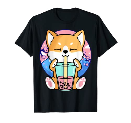 Kawaii Corgi Dog Bubble Tea Boba Anime Neko Japanese Kids T-Shirt