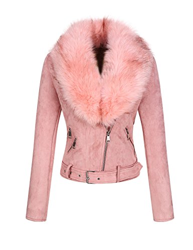 Bellivera Women's Faux Leather Suede Jacket Motocycle Sherpa-Lined Coat with Removable Fur Collar 8830 Pink S